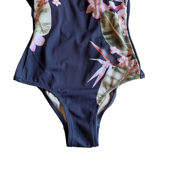 Kona Sol One Piece Swimsuit Women’s S Gray Ribbed Tropical Floral Palm Leaf - Picture 4 of 11